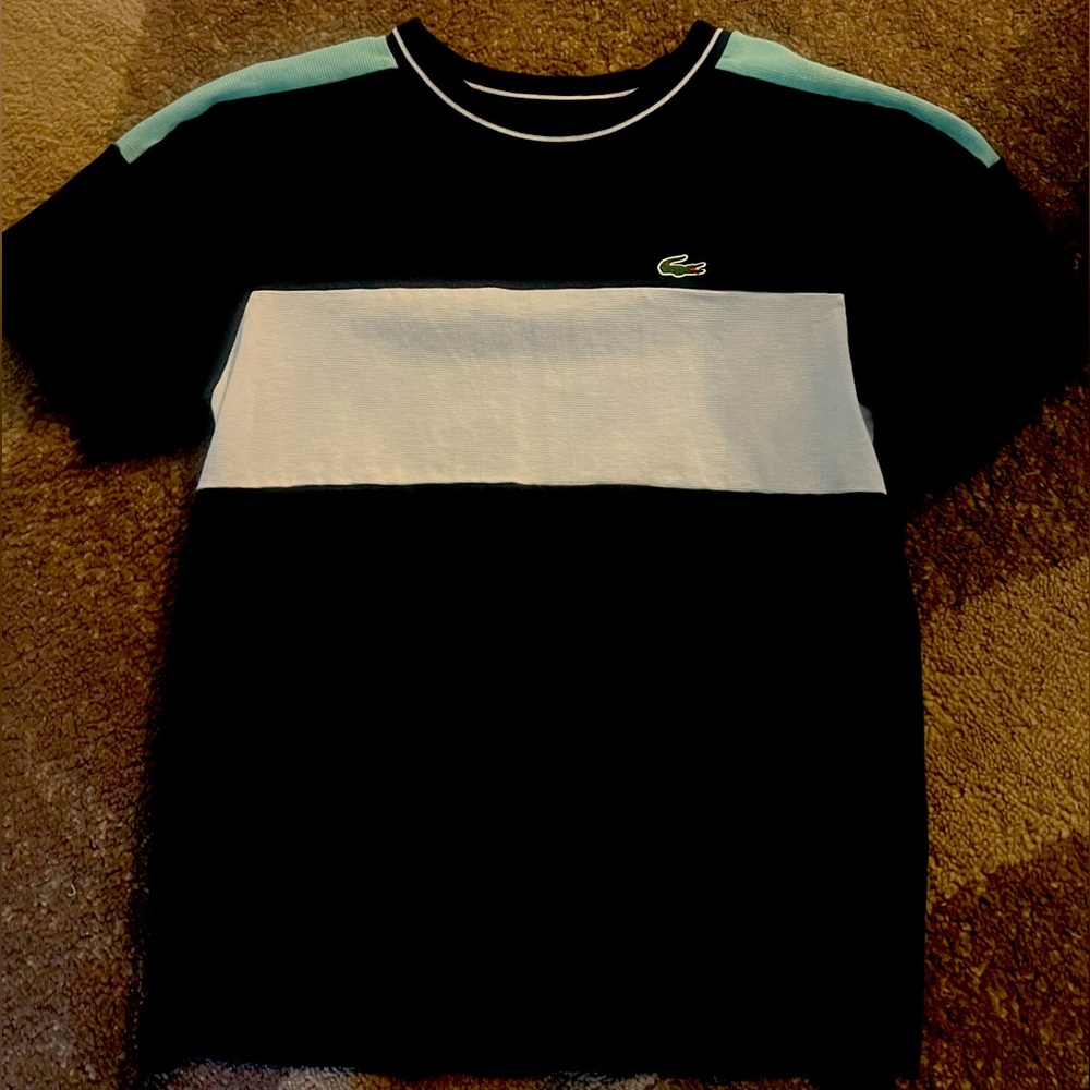 Lacoste sport boys shirt . Size 12. Dark blue white light green . Short sleeve